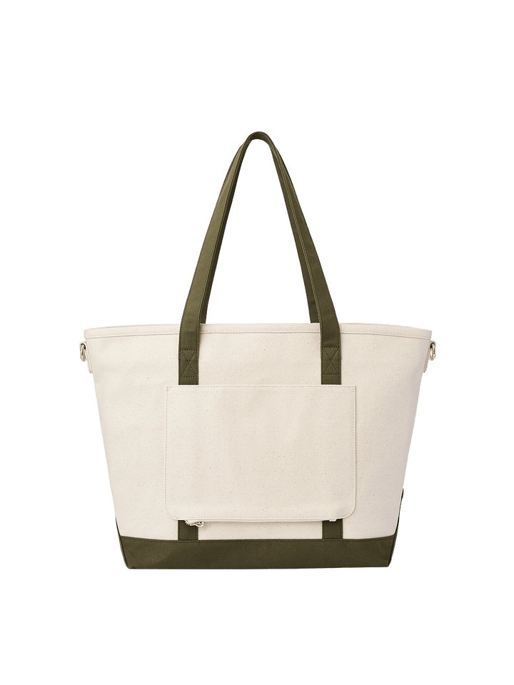 Back view of Poppy & Peonies The Signature Tote in Olive, featuring cream canvas, long olive green handles and a horizontal exterior slip pocket.