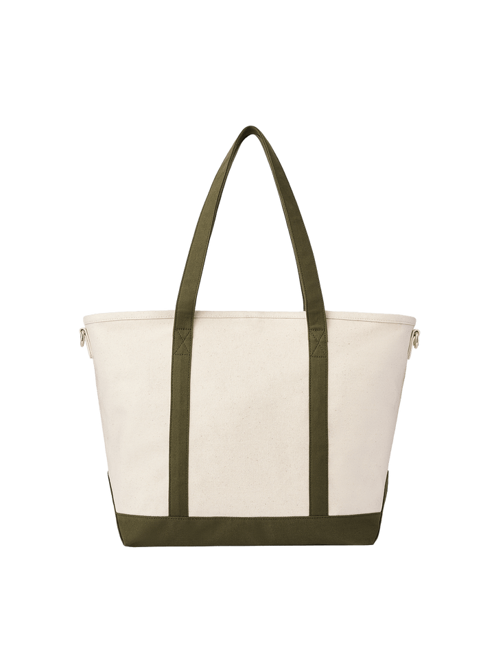 Poppy & Peonies The Signature Tote in Olive, front view featuring cream canvas, olive green shoulder handles, matching base trim and gold-tone hardware.