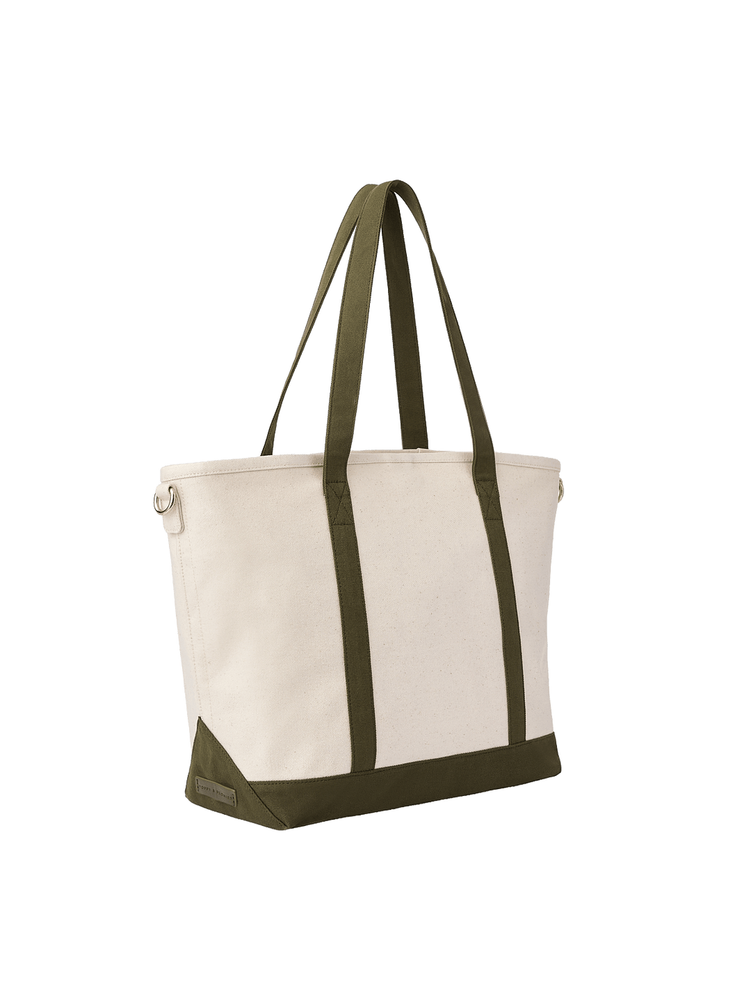 Angled product view of Poppy & Peonies The Signature Tote in Olive, highlighting its structured rectangular silhouette, olive green base and long shoulder handles.