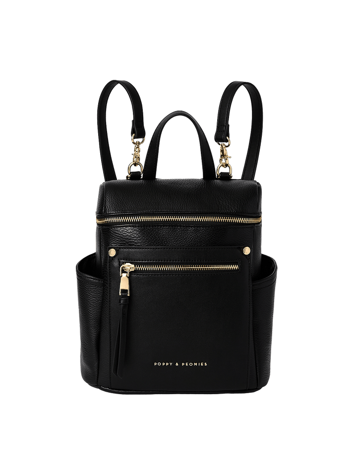 Small black backpack with gold hardware