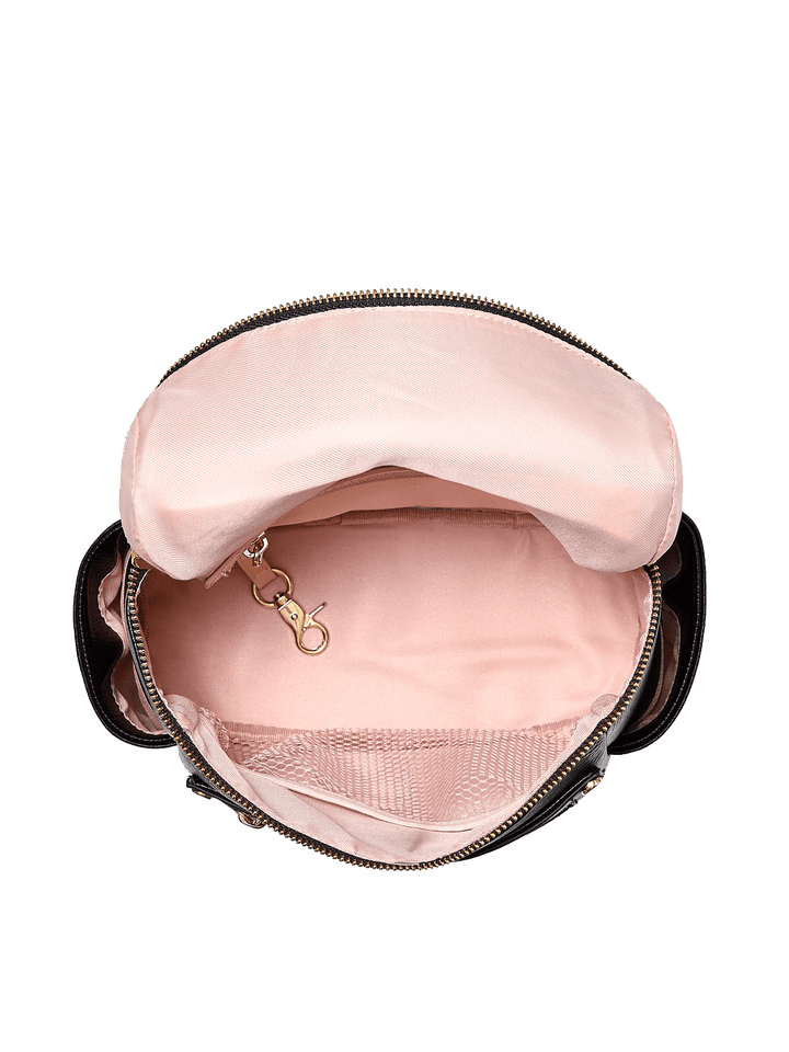 Open backpack with pink interior