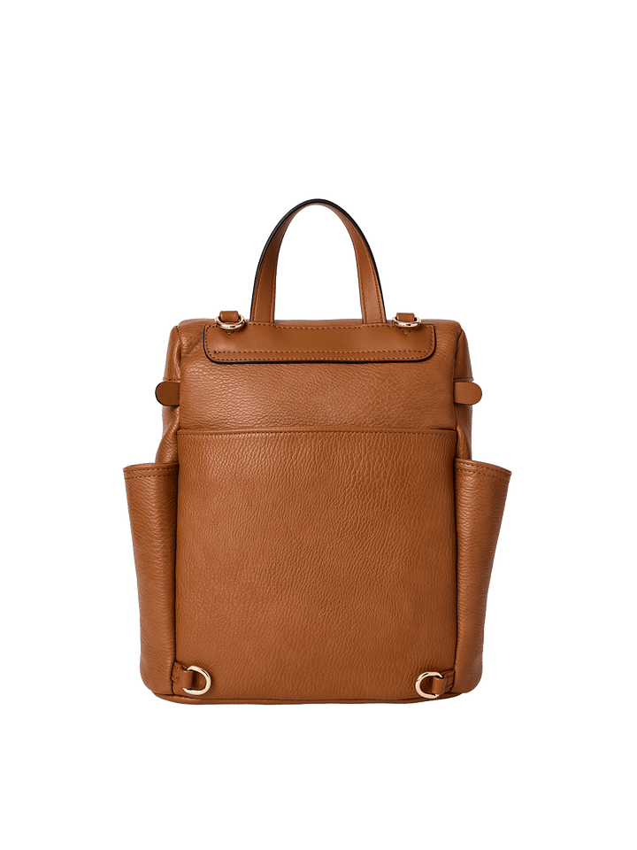 Brown vegan leather backpack with gold hardware