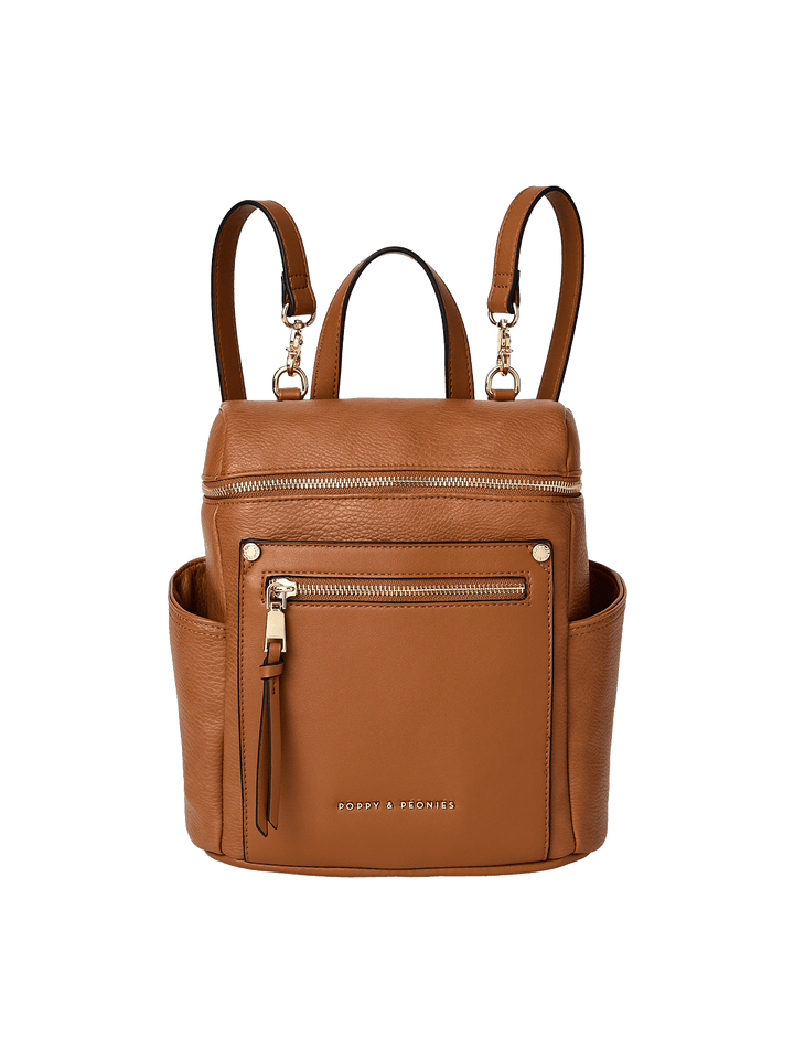 Brown vegan leather backpack with gold hardware