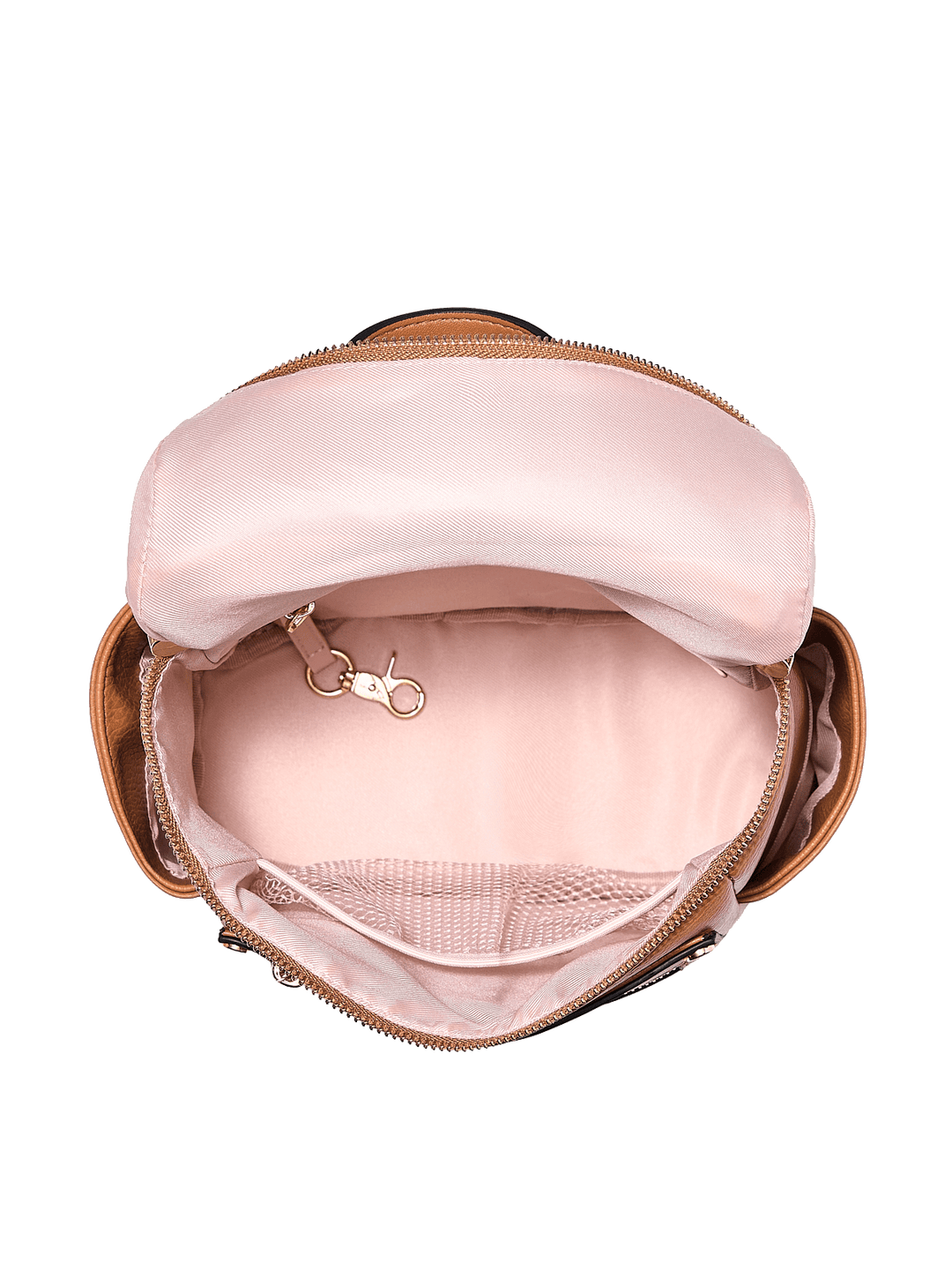 Open brown vegan leather backpack with gold hardware