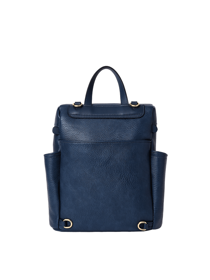 Small navy blue backpack with gold hardware