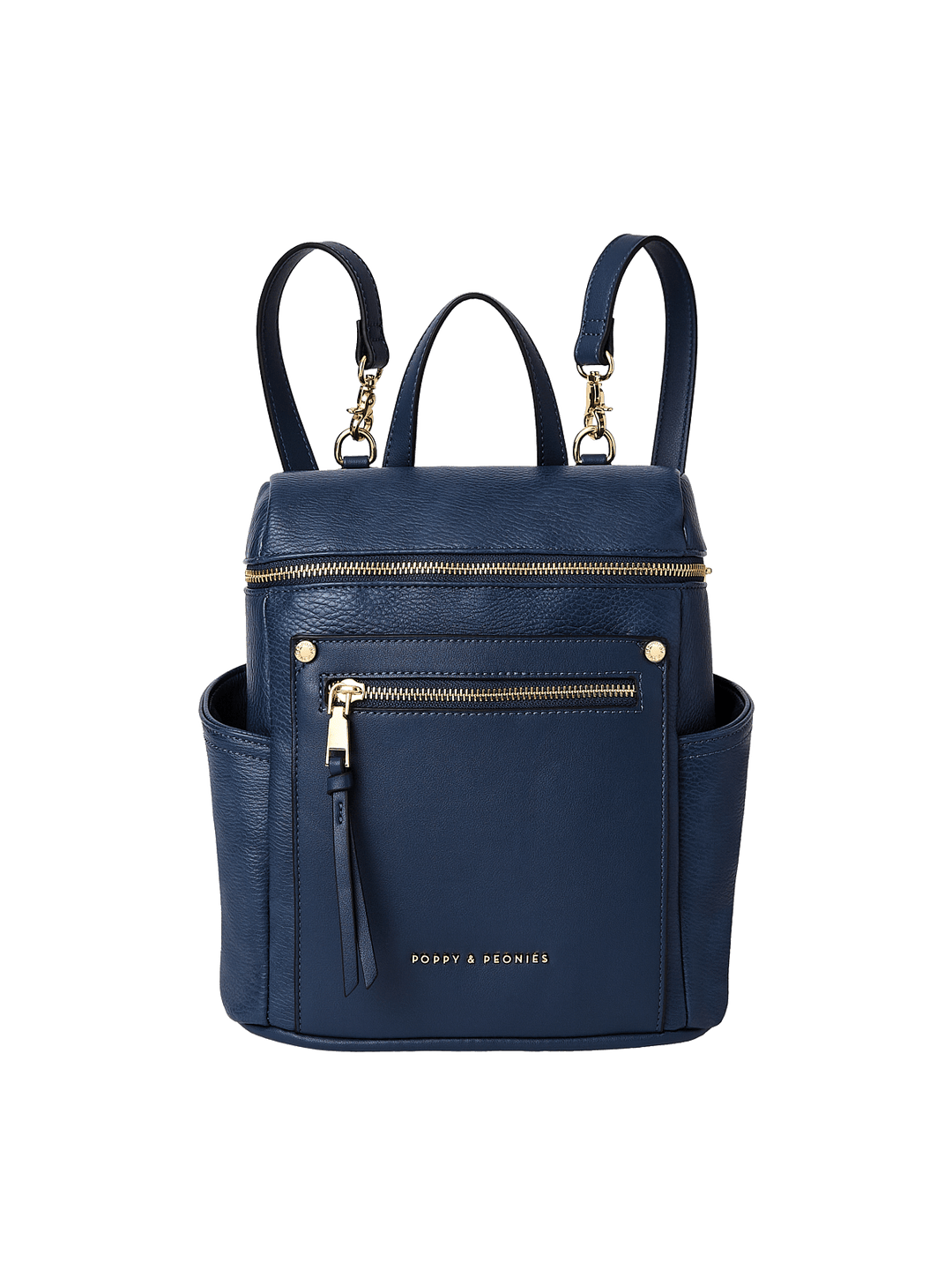 Small navy blue backpack with gold zippers