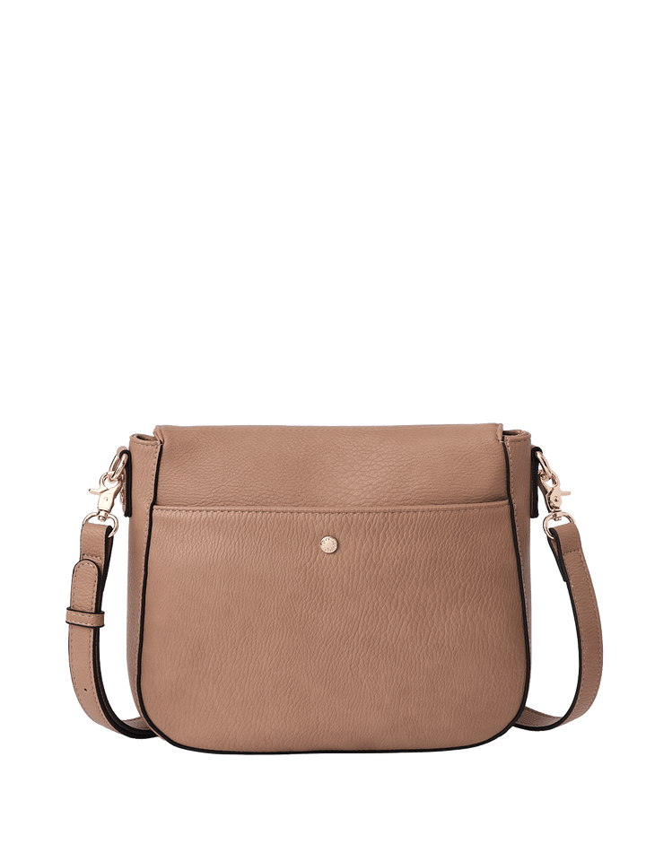 Light brown vegan leather handbag with a crossbody strap