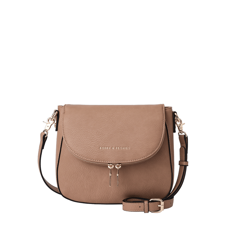 Light brown vegan leather handbag with a crossbody strap