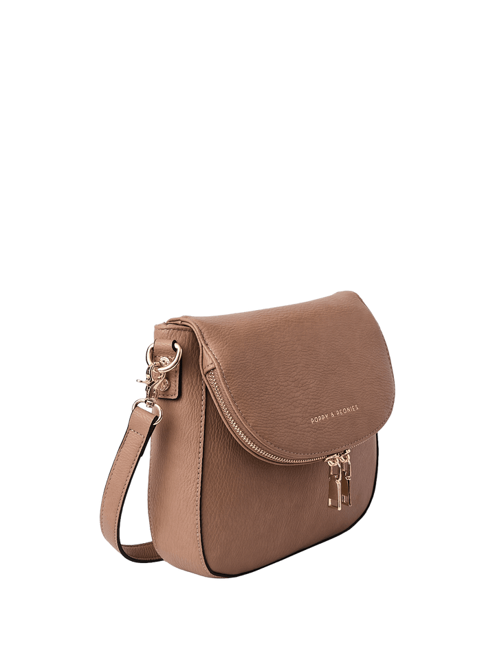 Light brown vegan leather handbag with a crossbody strap