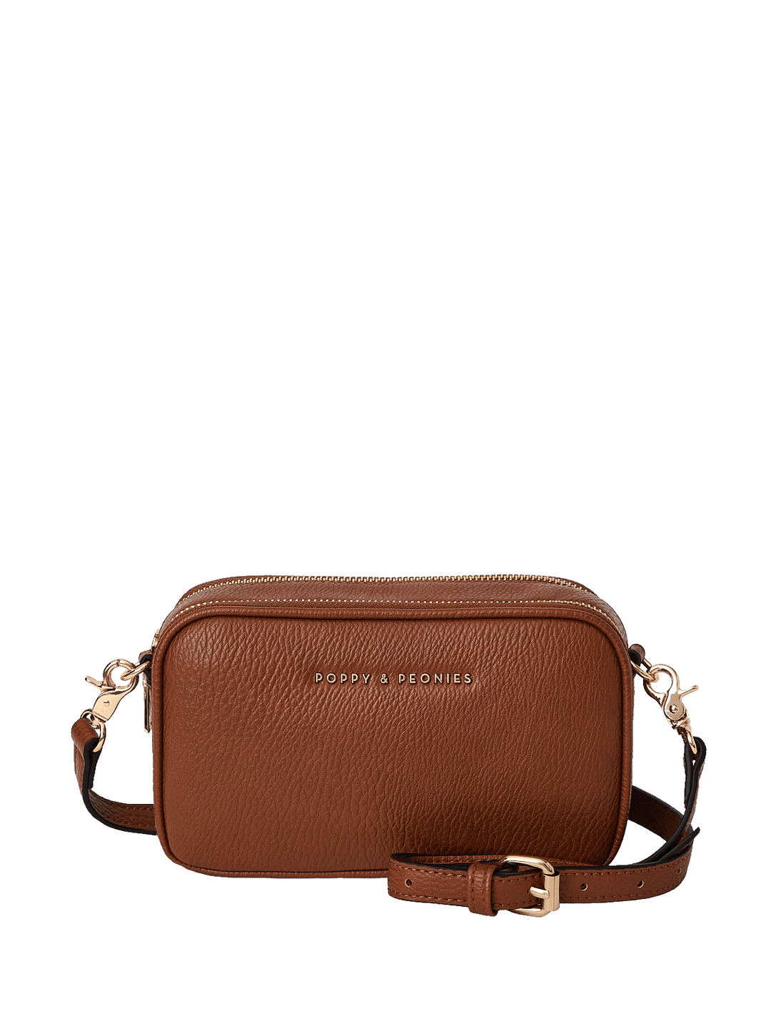 Brown leather crossbody bag with gold accents on a white background