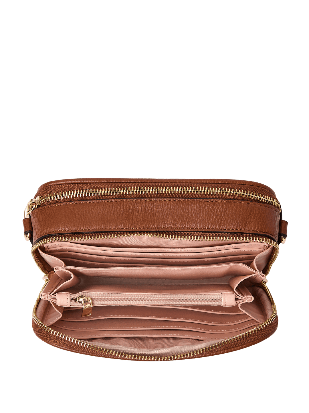 Brown vegan leather crossbody bag with open interior