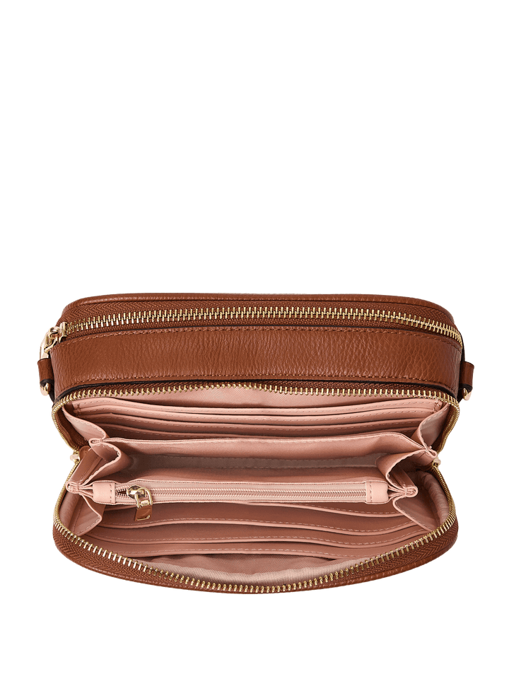 Brown vegan leather crossbody bag with open interior