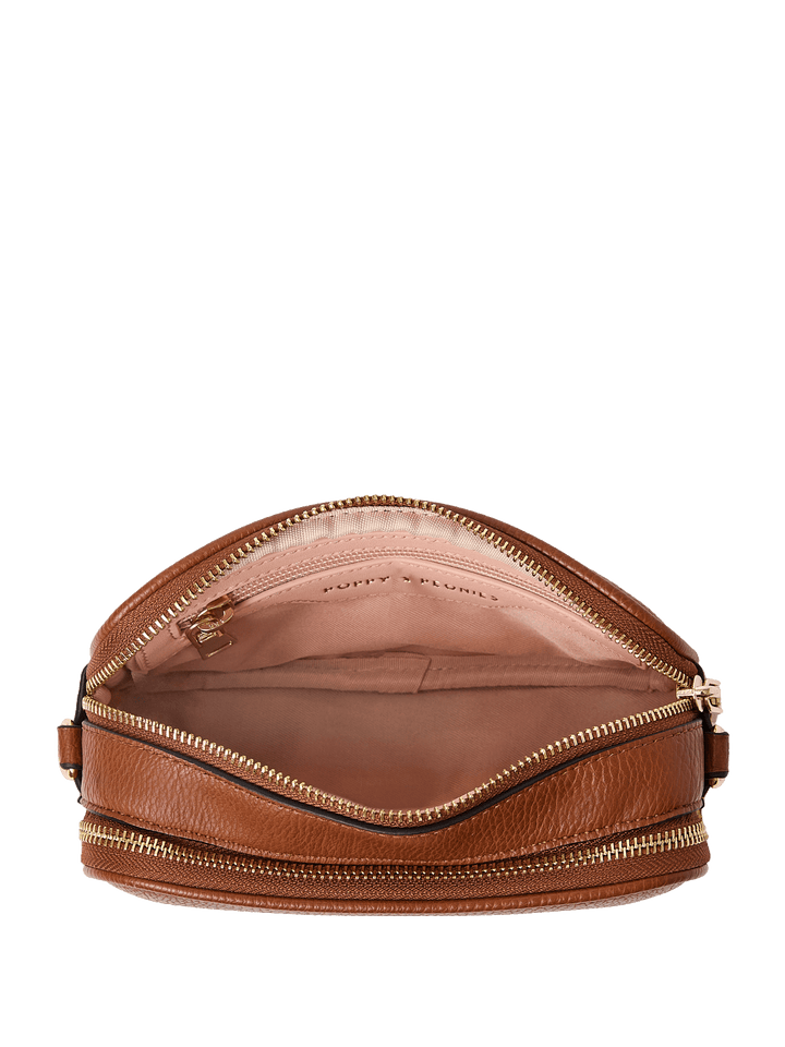 Open brown vegan leather hand bag