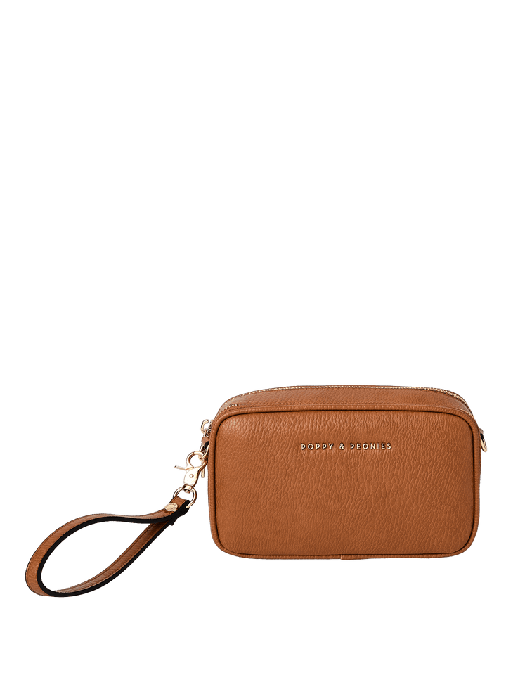 Brown vegan leather clutch with a wristlet