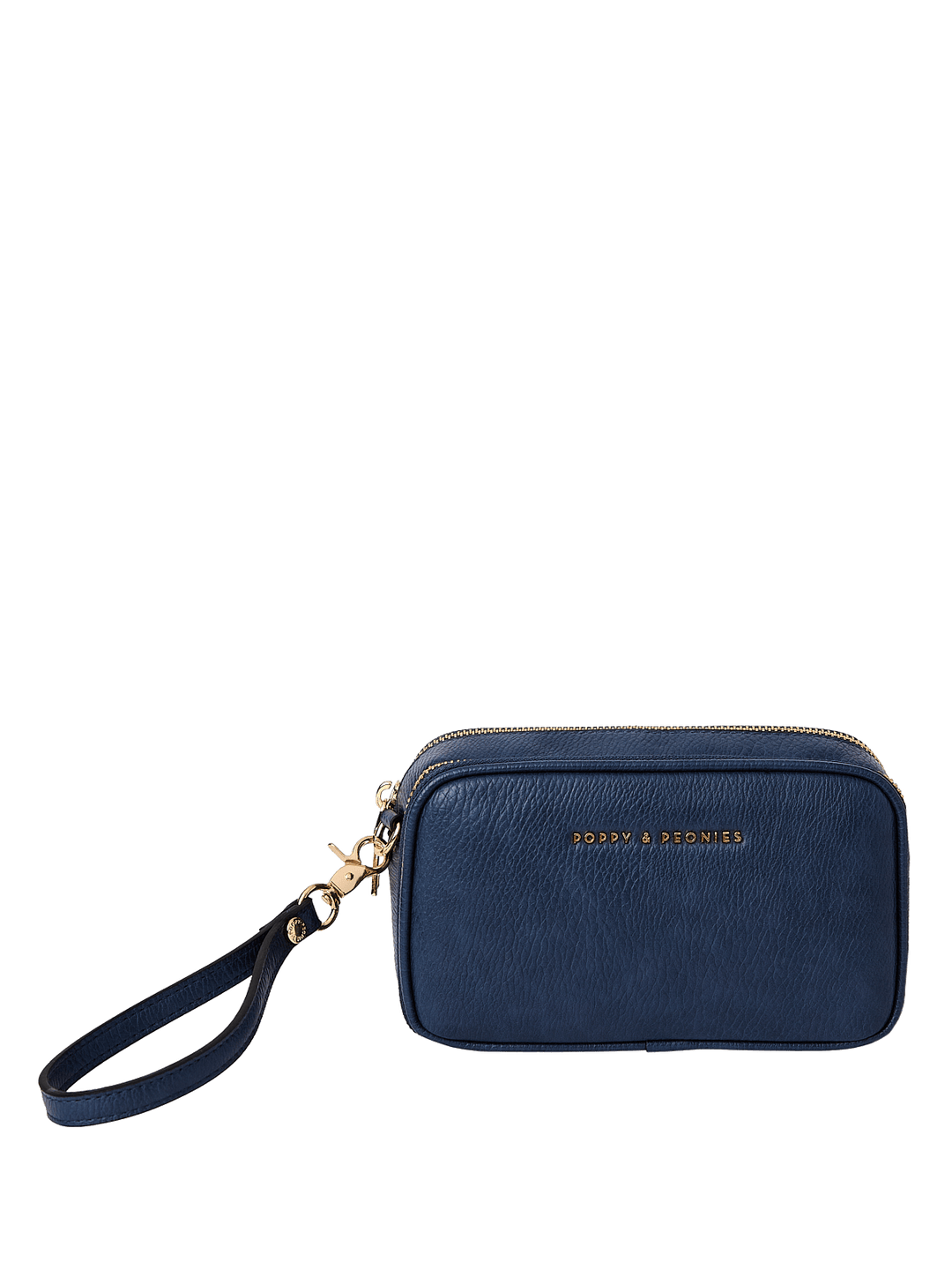 Navy blue wristlet with gold zipper and hardware