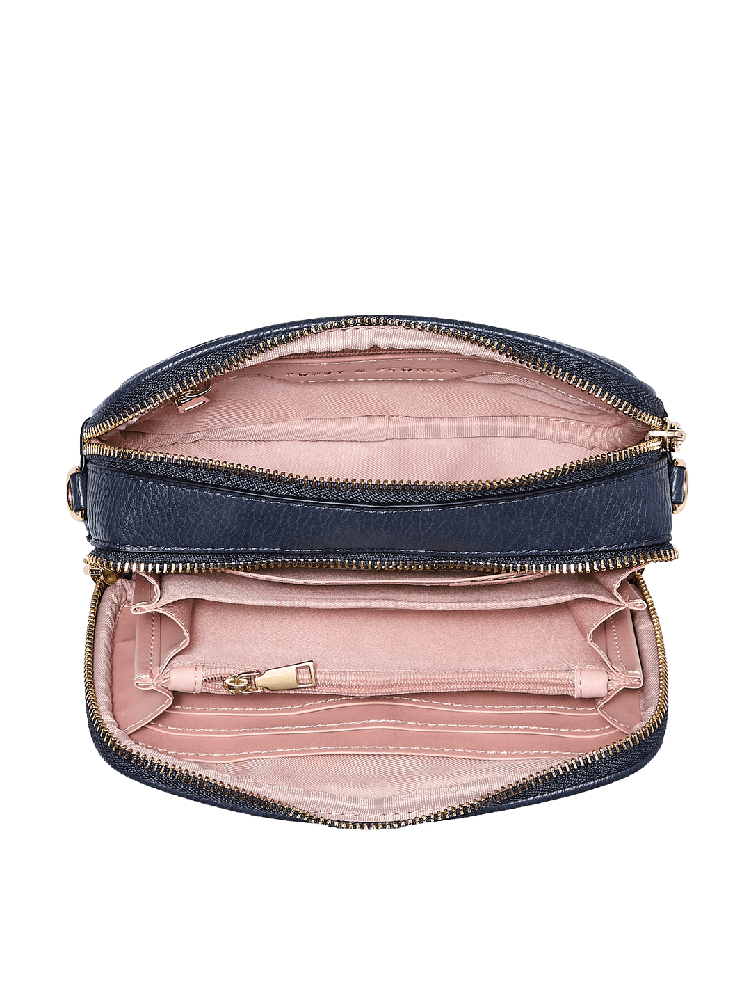 Navy blue crossbody bag with pink interior 