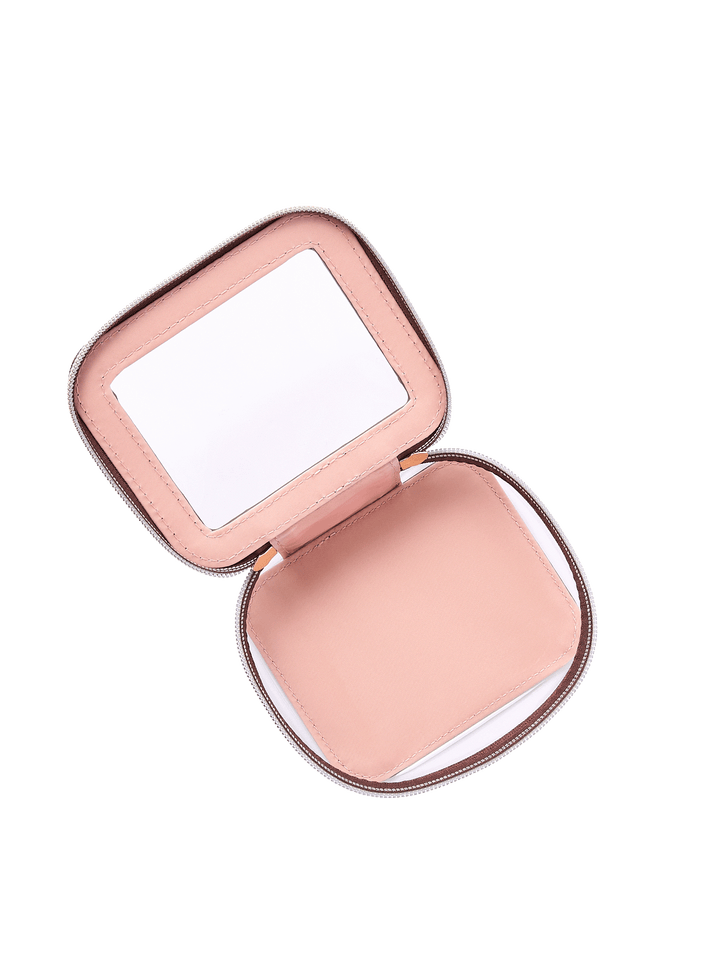 Mini I See You Cosmetic Case in Espresso opened to show wipeable interior