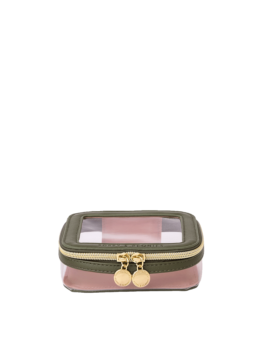 Side view of Mini I See You Cosmetic Case in Olive with clear top window