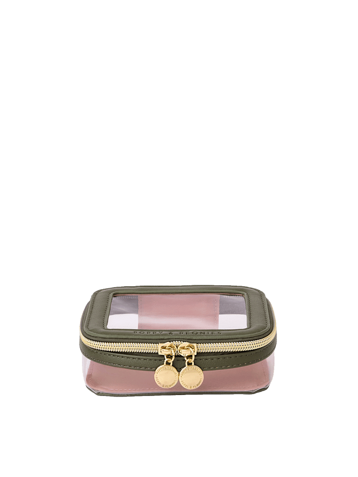 Side view of Mini I See You Cosmetic Case in Olive with clear top window