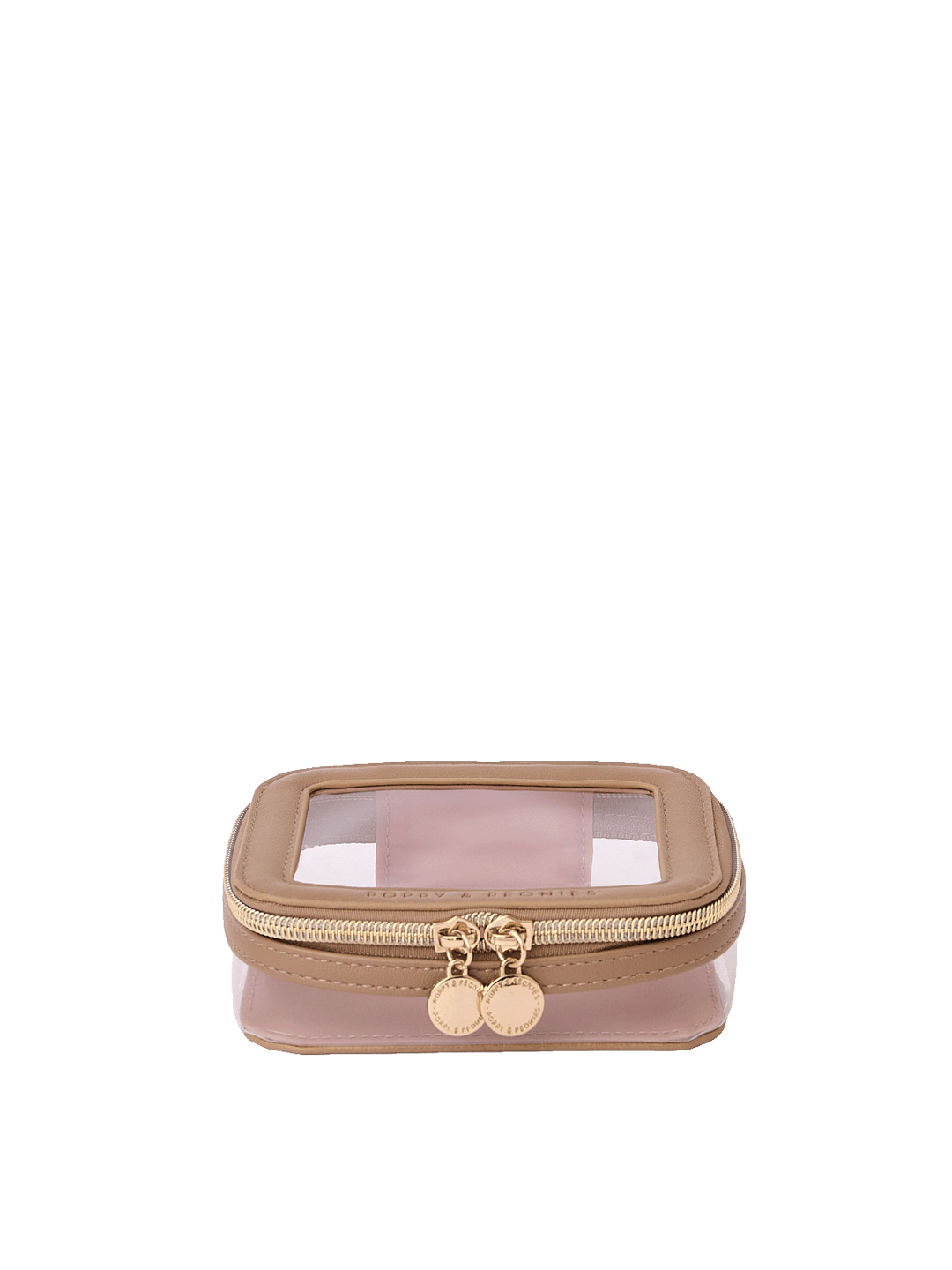 Side view of Mini I See You Cosmetic Case in Taupe with clear top window