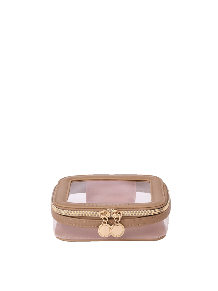 Side view of Mini I See You Cosmetic Case in Taupe with clear top window
