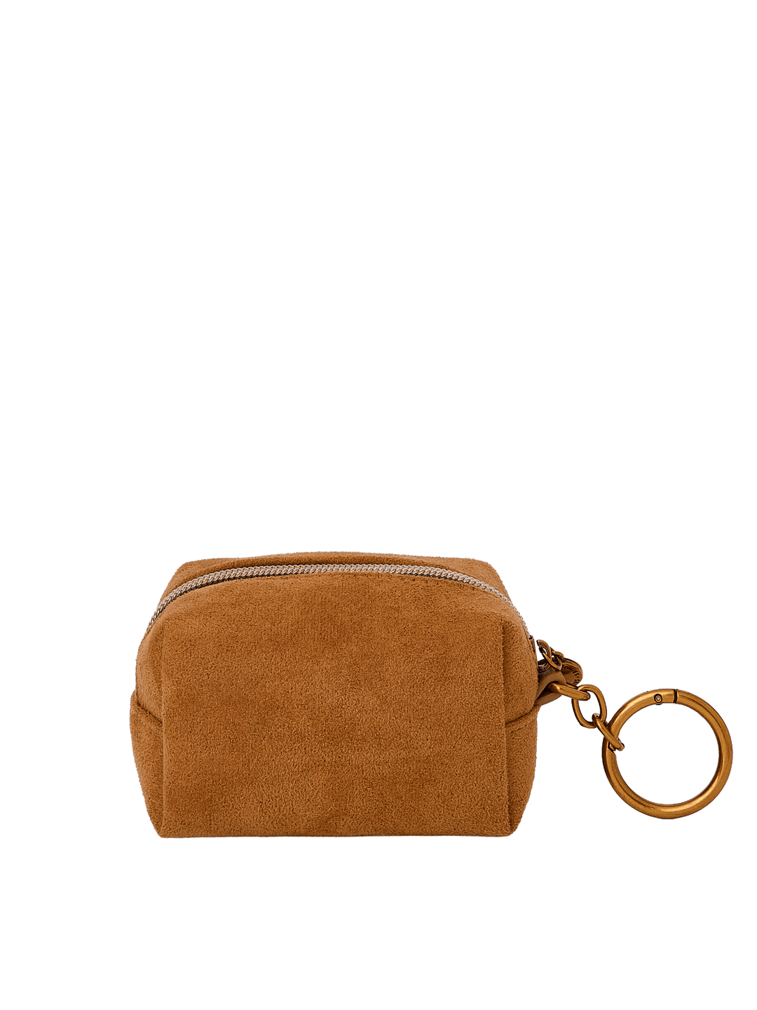 Poppy & Peonies Tag Along Charm in Cognac Suede back view, featuring a compact zippered pouch and gold-tone key ring.