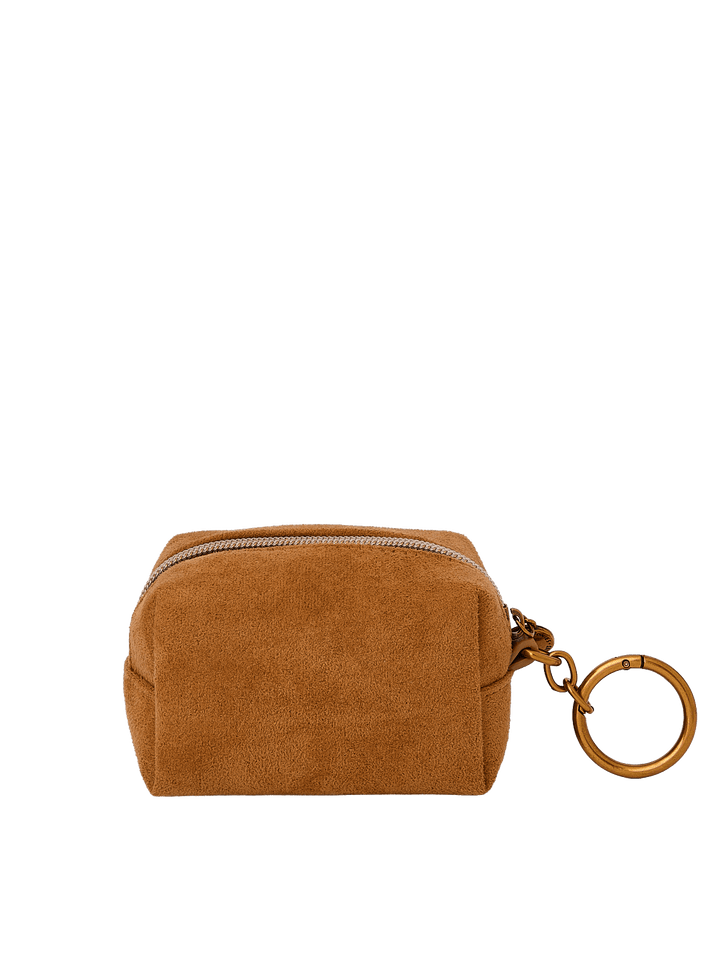 Poppy & Peonies Tag Along Charm in Cognac Suede back view, featuring a compact zippered pouch and gold-tone key ring.