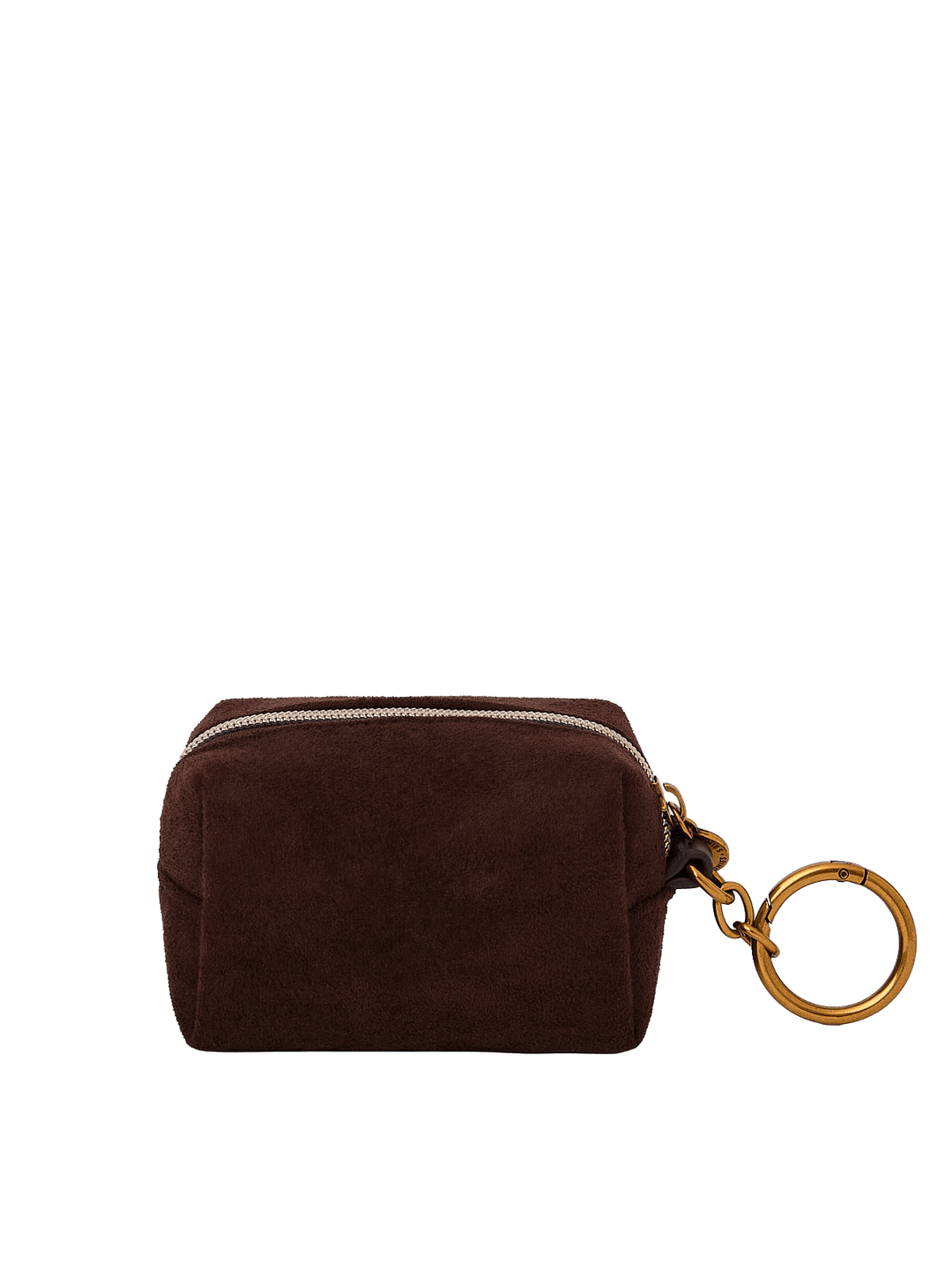 Poppy & Peonies Tag Along Charm in Espresso Suede back view, featuring a compact zippered pouch and gold-tone key ring.