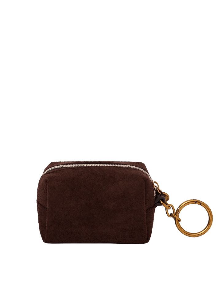 Poppy & Peonies Tag Along Charm in Espresso Suede back view, featuring a compact zippered pouch and gold-tone key ring.