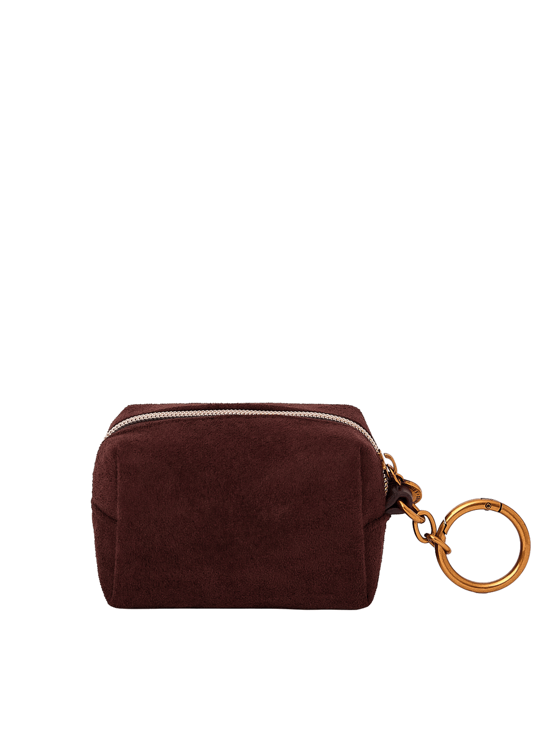 Poppy & Peonies Tag Along Charm in Espresso Suede back view, featuring a compact zippered pouch and gold-tone key ring.