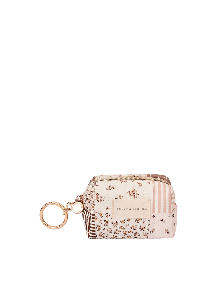 Tag Along Charm in Brown Patchwork with gold-tone O-clasp keyring