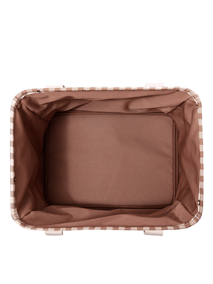 Poppy & Peonies Mini Traveller in October Gingham, showing a spacious open interior with warm brown lining and a rectangular base.