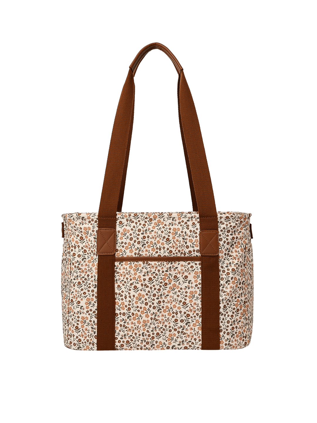 Poppy & Peonies Mini Traveller in October Floral, featuring long brown shoulder straps, a cream floral-printed canvas body, and a horizontal exterior seam detail.