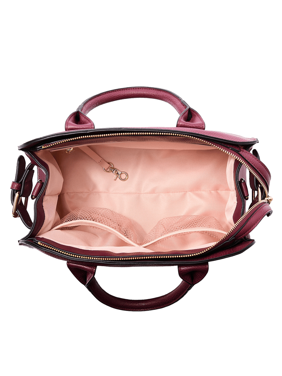 Interior of the Mini Uptown Tote in Berry showing mesh pockets, zip pocket, key leash, and organized compartments