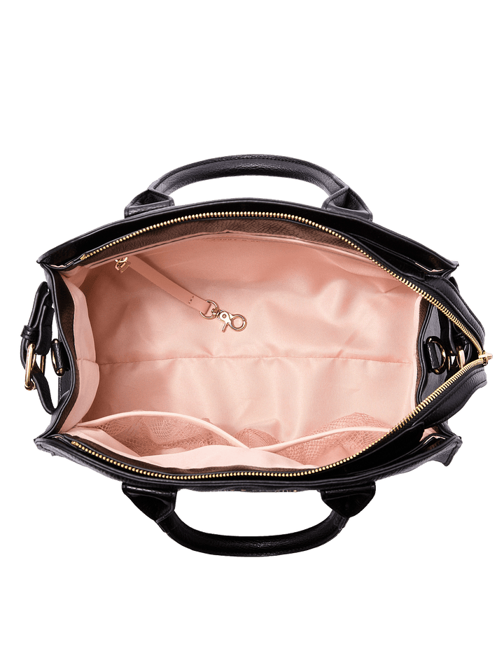 Interior of the Mini Uptown Tote in Black showing mesh pockets, zip pocket, key leash, and organized compartments