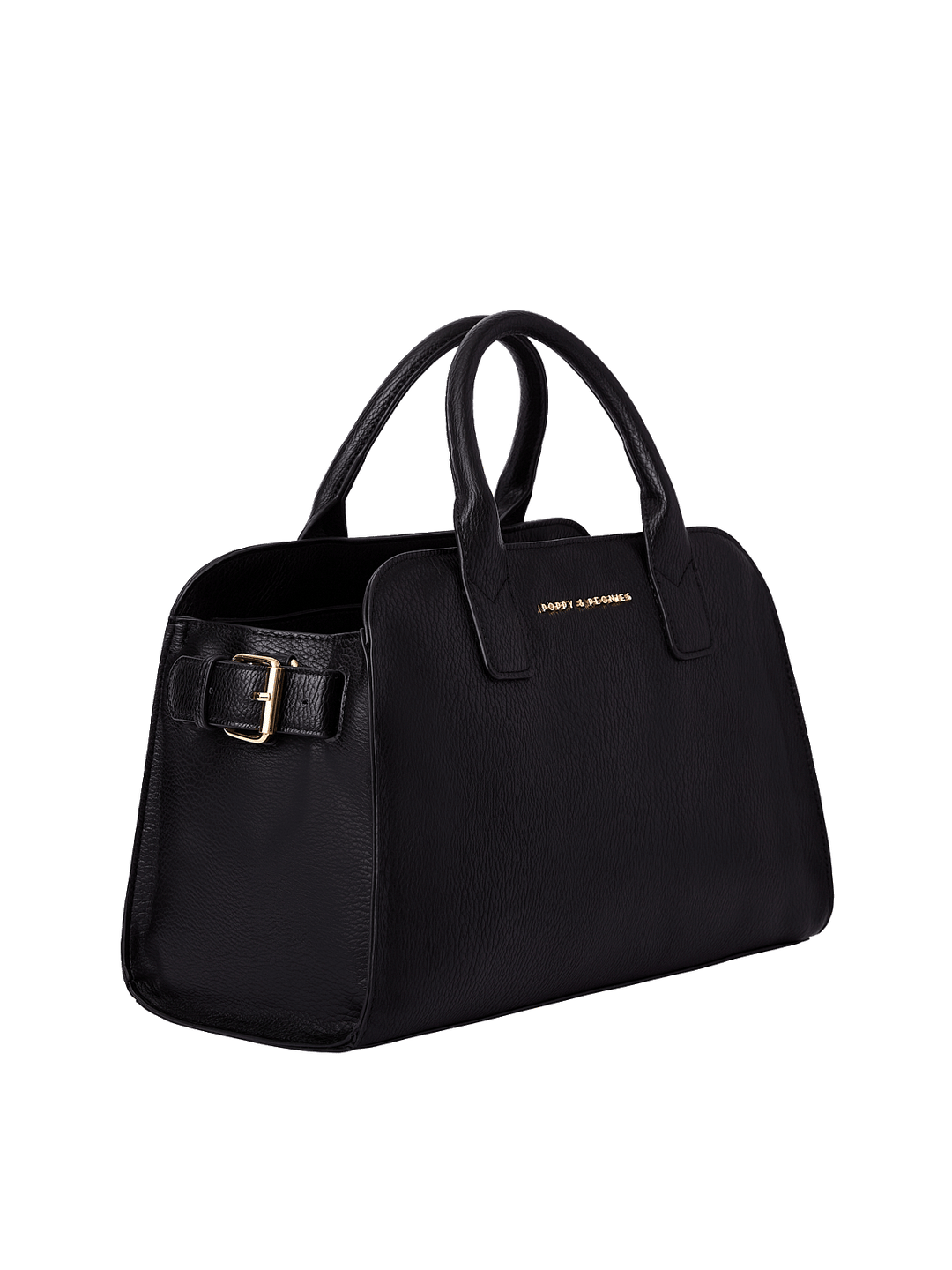 Side profile of the Mini Uptown Tote in Black showing structured silhouette and spacious design