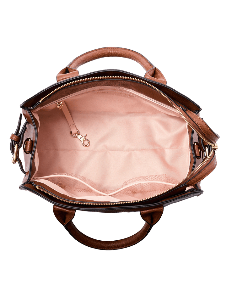 Interior of the Mini Uptown Tote in Chestnut showing mesh pockets, zip pocket, key leash, and organized compartments
