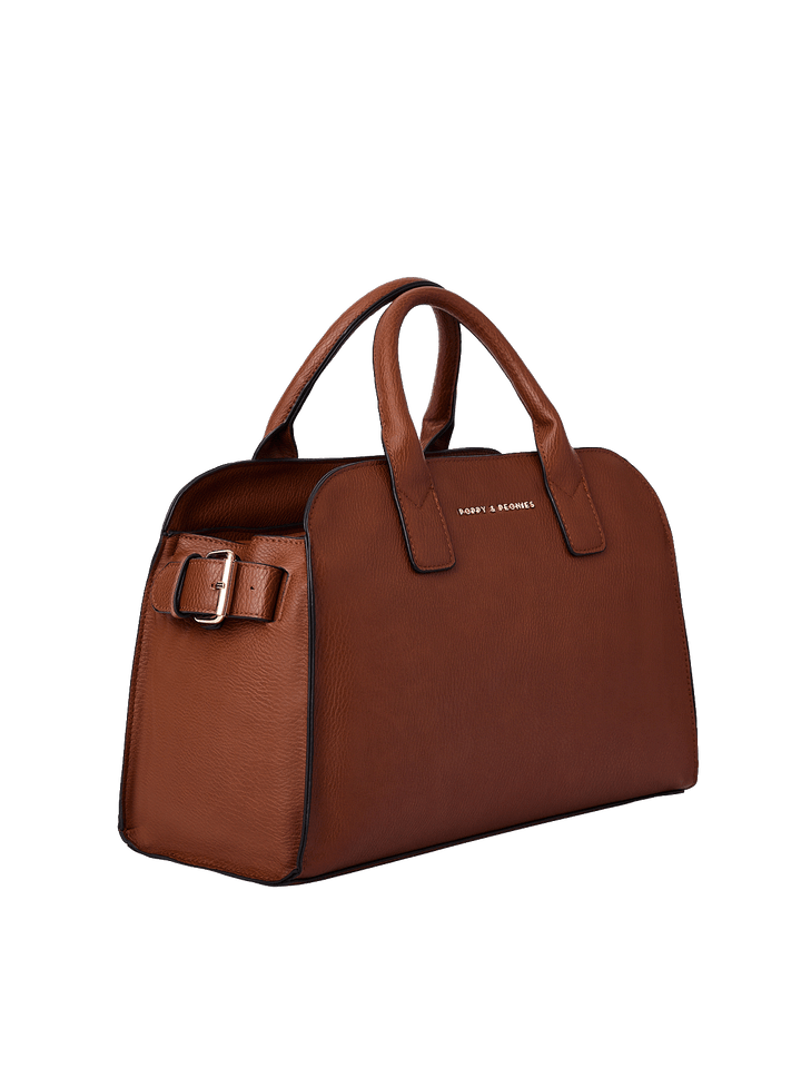 Side profile of the Mini Uptown Tote in Chestnut showing structured silhouette and spacious design