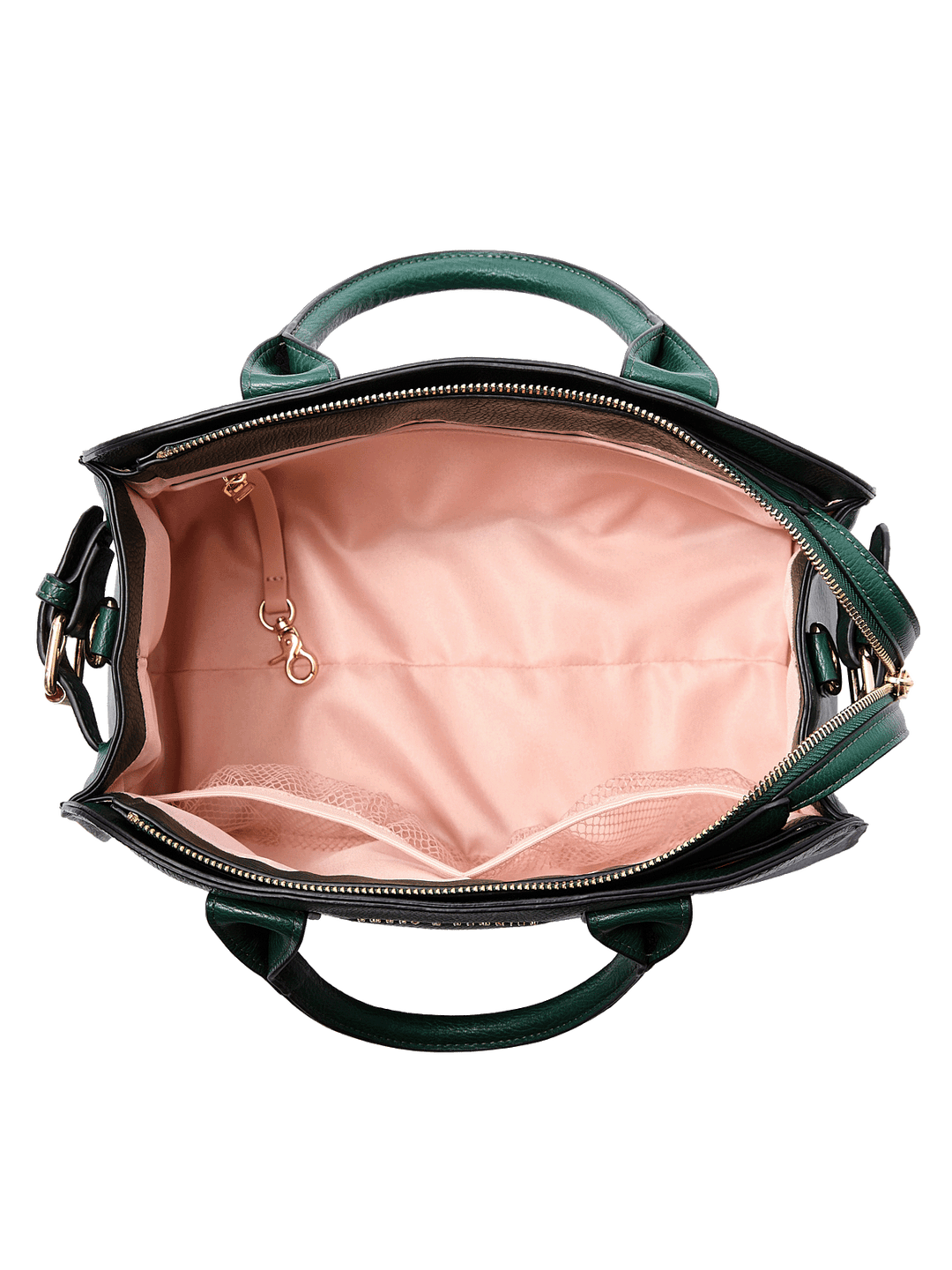 Interior of the Mini Uptown Tote in Heritage Green showing mesh pockets, zip pocket, key leash, and organized compartments