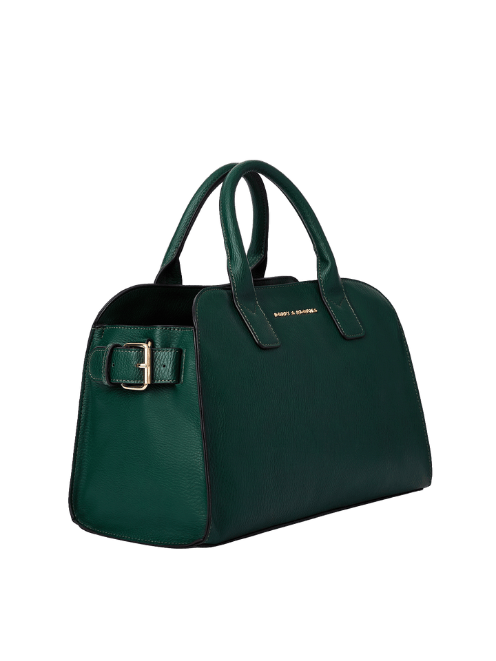 Side profile of the Mini Uptown Tote in Heritage Green showing structured silhouette and spacious design