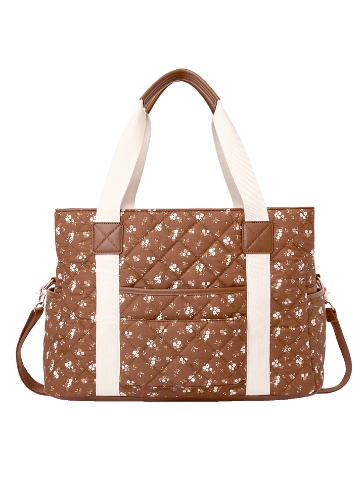 Back view of Mini Voyager tote in Brown Floral with trolley sleeve