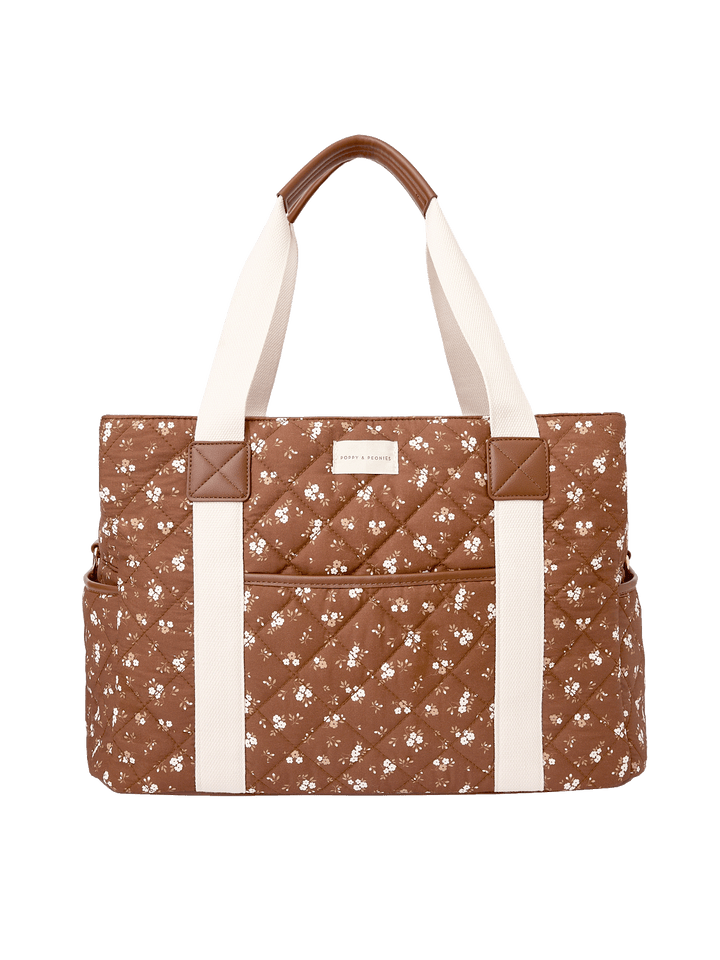 Front view of Mini Voyager tote in Brown Floral
