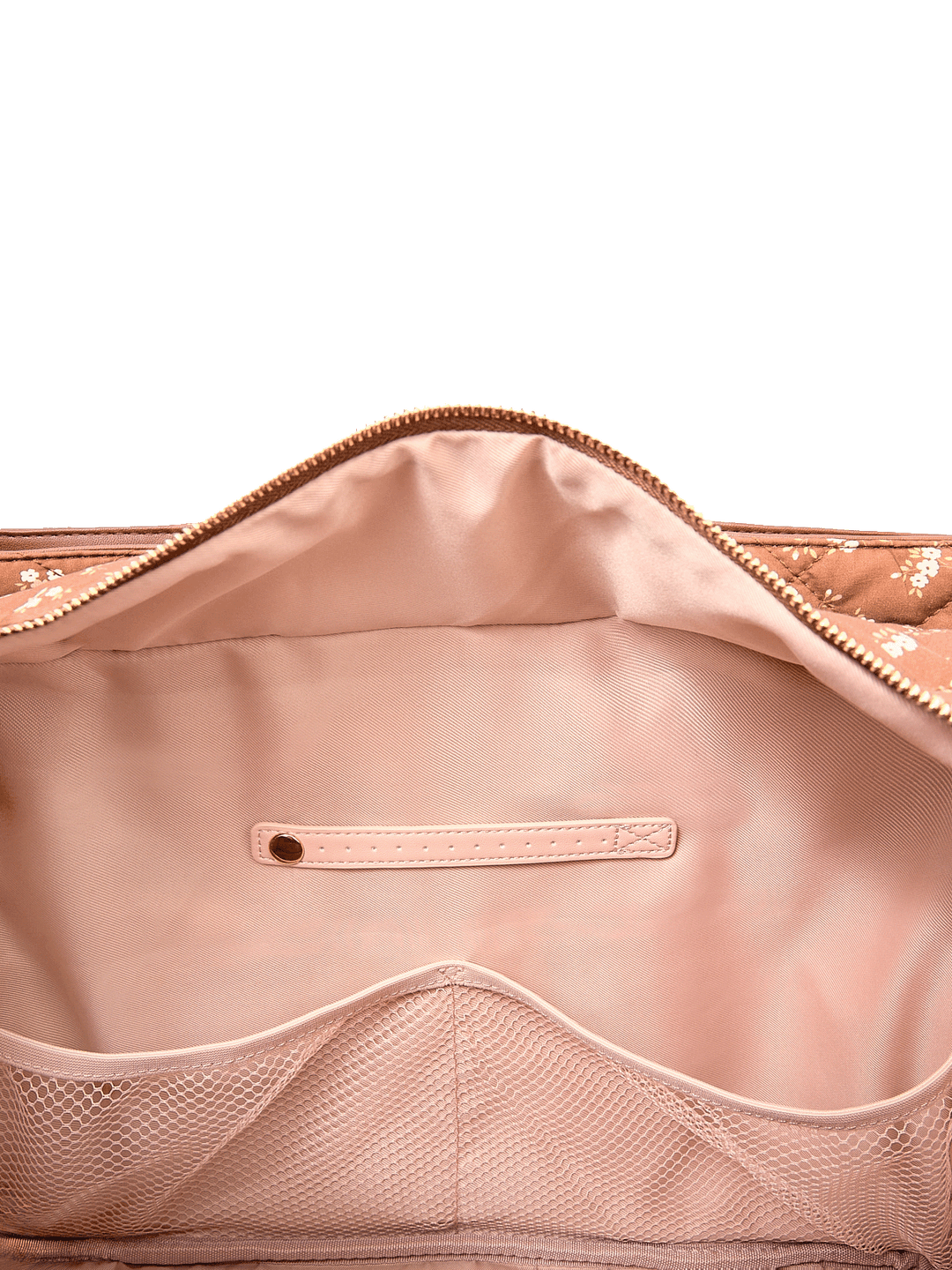 Interior slide pocket and jewelry tab inside Mini Voyager tote in Brown Floral