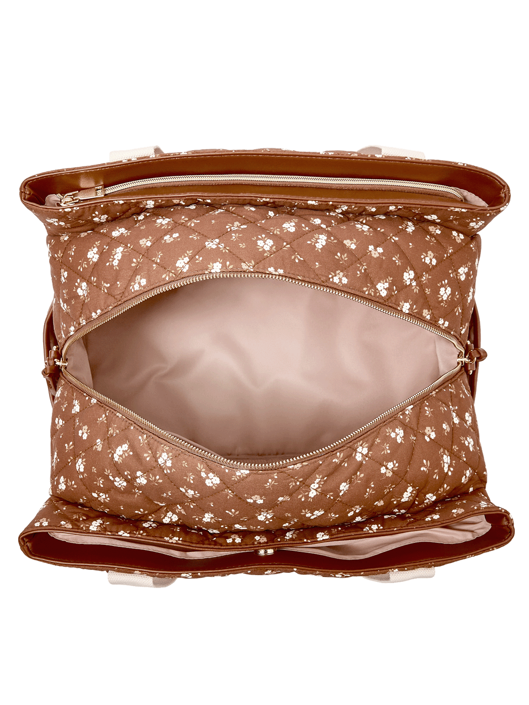 Interior of Mini Voyager tote in Brown Floral showing triple-opening compartments and organizer pockets