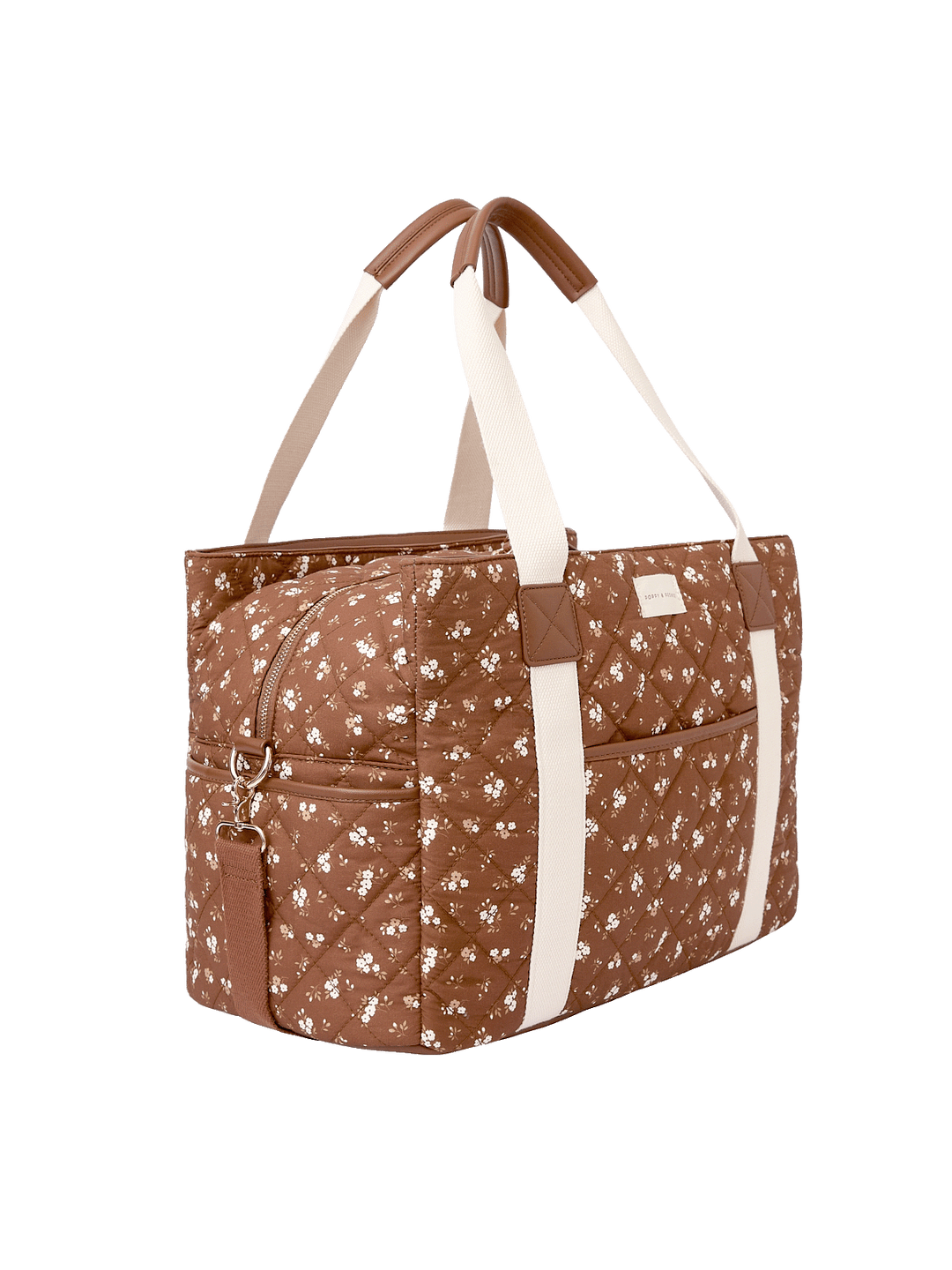 Angled side view of Mini Voyager tote in Brown Floral