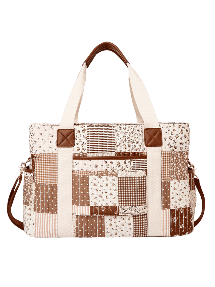 Back view of Mini Voyager tote in Brown Patchwork with trolley sleeve