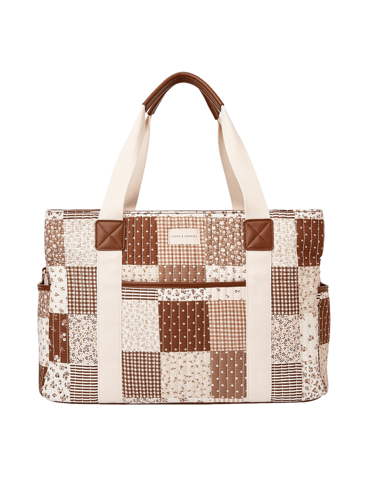 Front view of Mini Voyager tote in Brown Patchwork