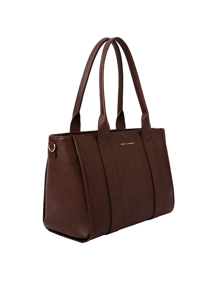 Angled side view of Multitasker tote in Espresso