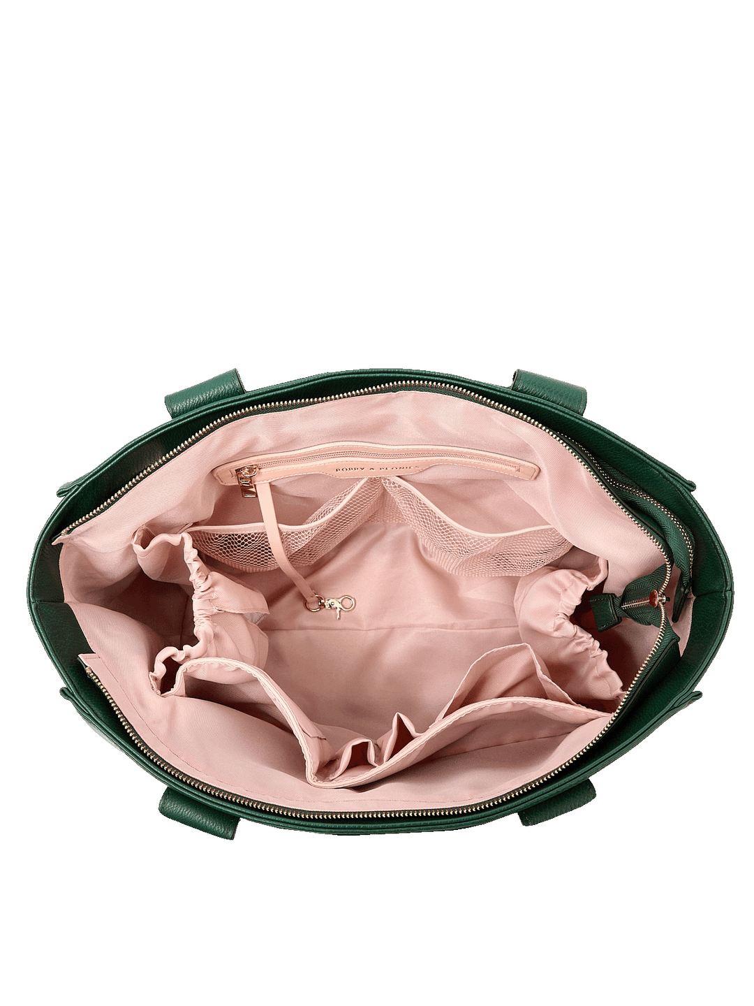 Interior of Multitasker tote in Heritage Green showing laptop compartment, cup holders, and organizer pockets