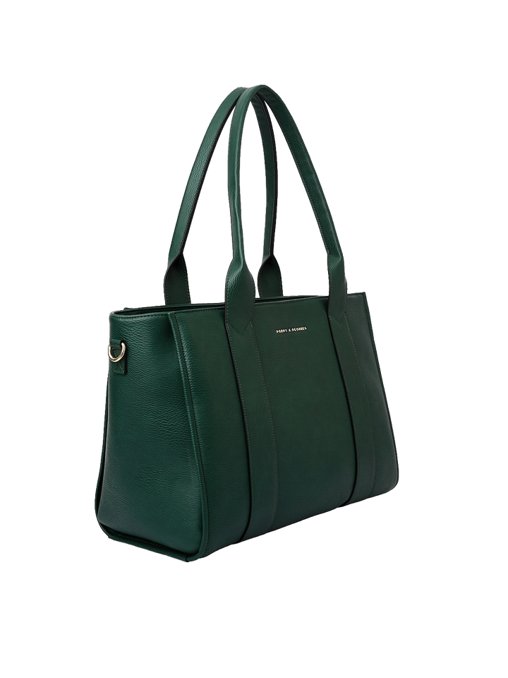 Angled side view of Multitasker tote in Heritage Green